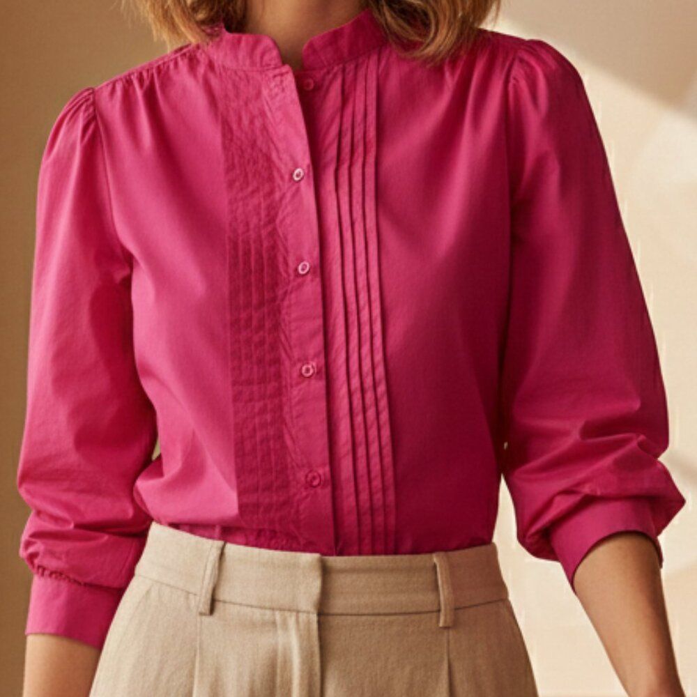 Pintuck Puff Sleeve Walter Baker‎ Fuchsia Cotton Blouse Size M Medium
